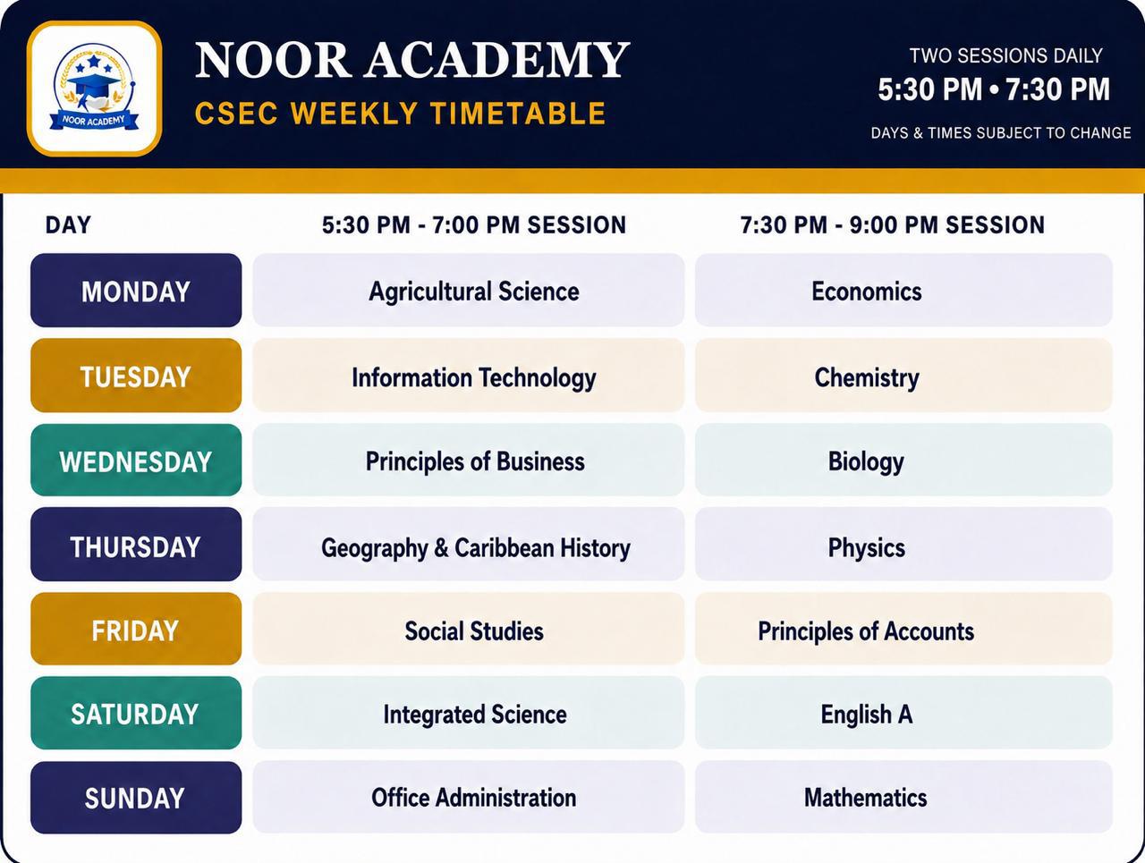 CSEC class timetable